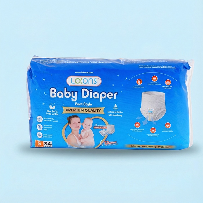 Lakons Premium Baby Diapers - Pant Style | 12-Hour Absorption & Leak Protection | Extra Soft for Sensitive Skin