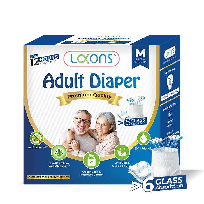 Lakons Premium Adult Diapers | 12-Hour Protection with Aloe Vera | High Absorbency (>6 Glasses) & Anti-Bacterial Care